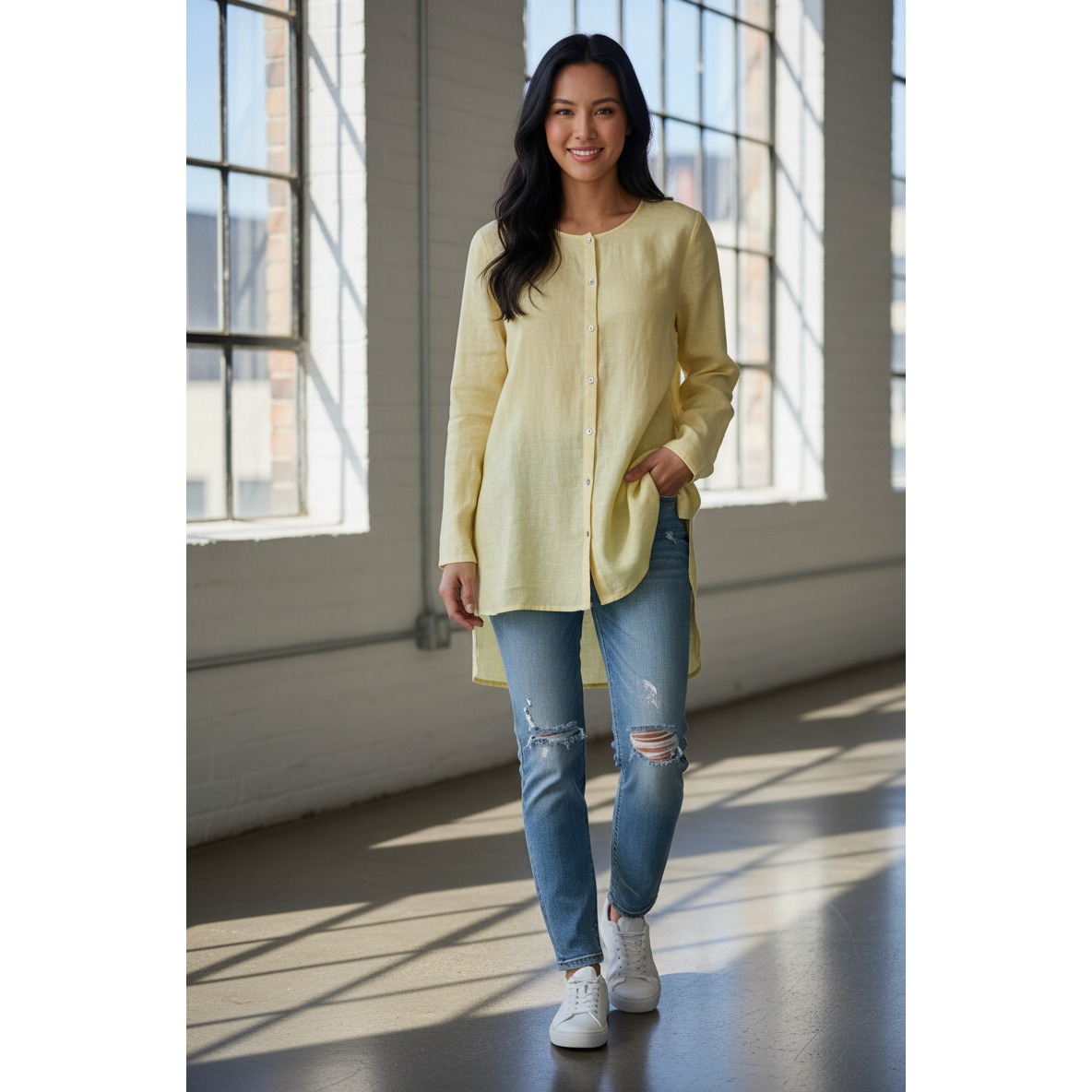 Eileen Fisher Shirt Womens Xs Yellow Organic Linen Side Slit Button Front Top